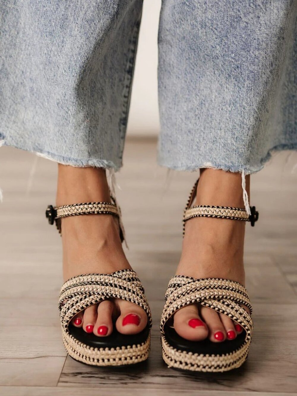 New Open Toe Raffia Espadrille Platform Sandals Mary-Jane Ankle Strap Block Heel - Picture 2 of 8